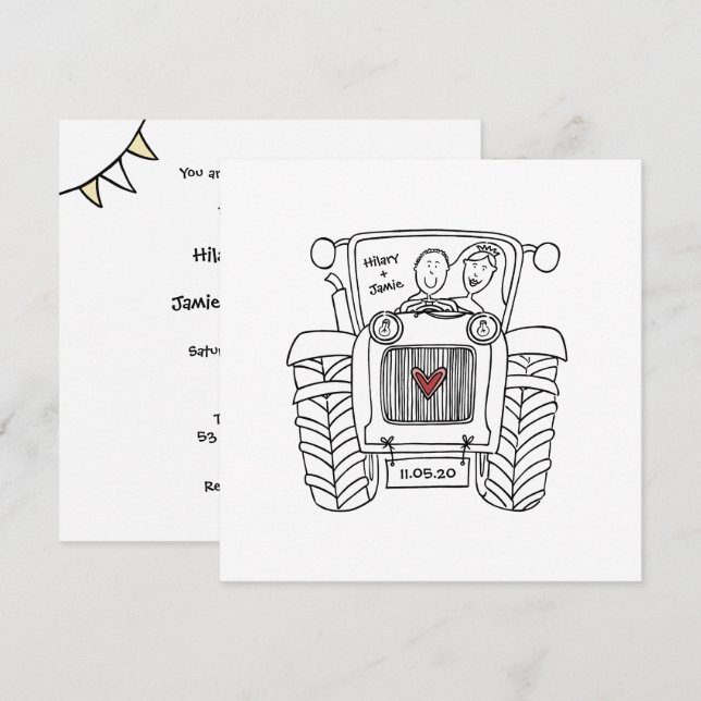 Invitation de tracteur de Mariage campagnard perso (Devant / Derrière)