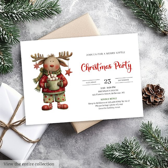 Invitation de vacances à l'aquarelle de renne drôl (Playful Funny Reindeer watercolor holiday invite)