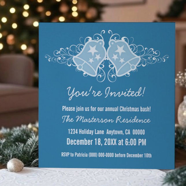 Invitation de Vacances Cloches et Fils, Bleu (Blue Holiday Bells and Swirls Christmas Party Invitation)