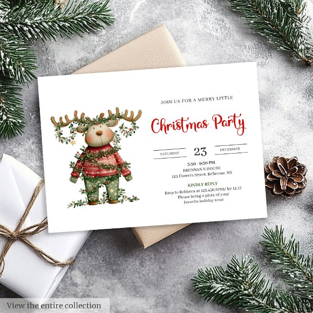 Invitation de vacances drôle de renne aquarelle ro (Funny Reindeer watercolor red green holiday invite)