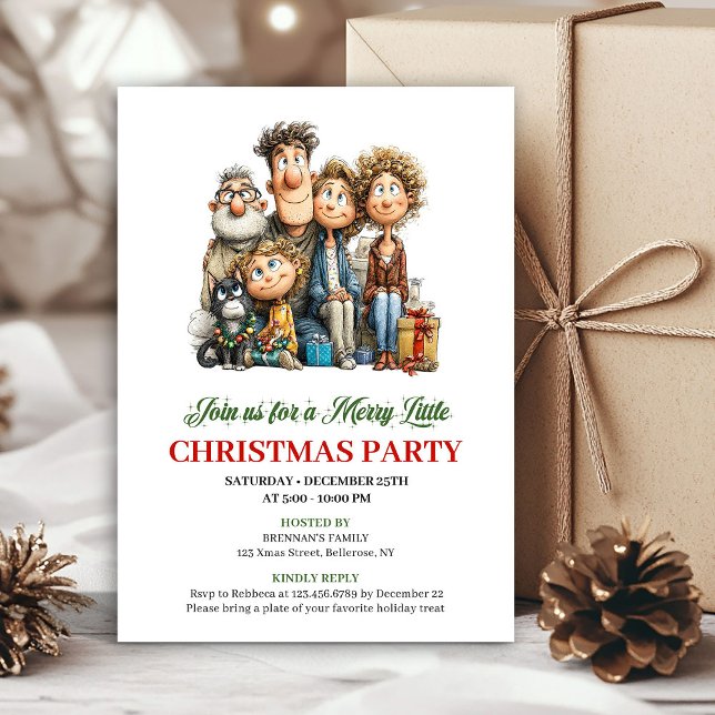 Invitation de vacances fantaisiste de famille de d (Whimsical Cartoon Family Red Green Holiday Invite)