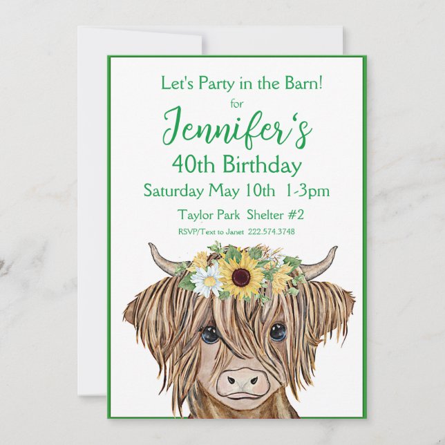 Invitation de vache Highland, Sunflowers Cow Anniv (Devant)