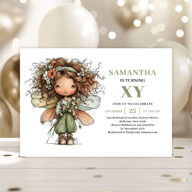 Invitation de verdure d'anniversaire de jolie fill (Cute Fairy Girl Birthday Greenery Invitation)