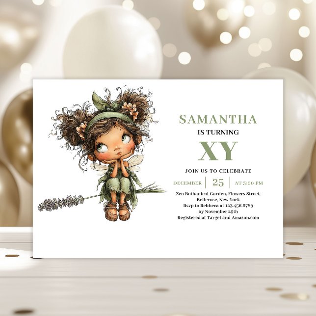 Invitation de verdure pour les 5 ans de la jolie f (Cute Fairy Girl 5th Birthday Greenery Invitation)