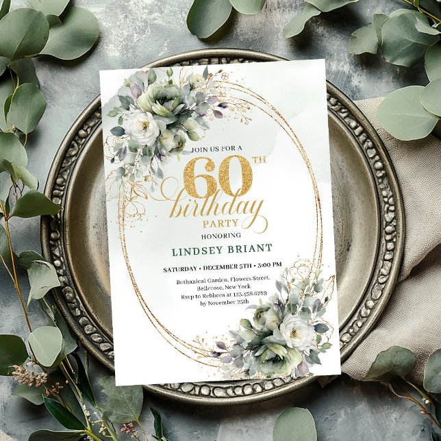 Invitation de verdure verte poussiéreuse pour les  (Dusty Green 60th Birthday Greenery Invite

)