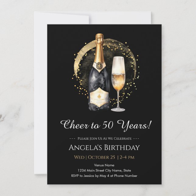 Invitation de vin noir et or pour 50e anniversaire (Devant)