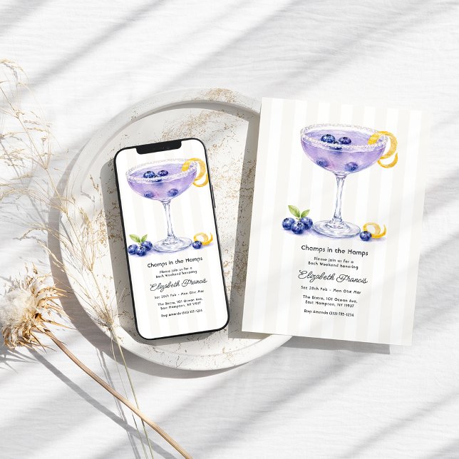 Invitation de week-end pour l'enterrement de vie d (Blueberry Martini Hamptons Bachelorette Weekend Invitation)