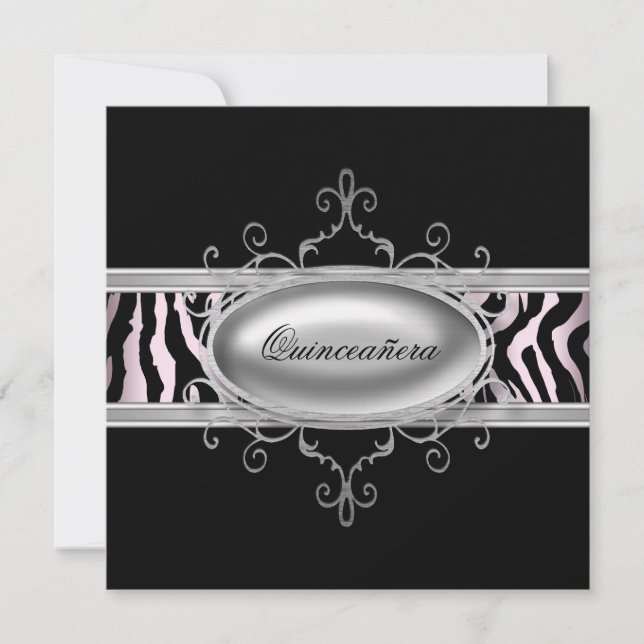 Invitation de Zebra Quinceanera rose noire (Devant)