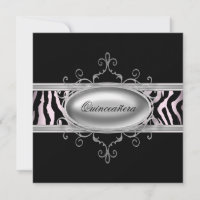 Invitation de Zebra Quinceanera rose noire