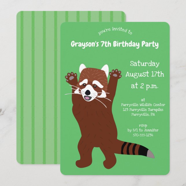 Invitation Debout Rouge Panda Cute Green Custom Party (Devant / Derrière)