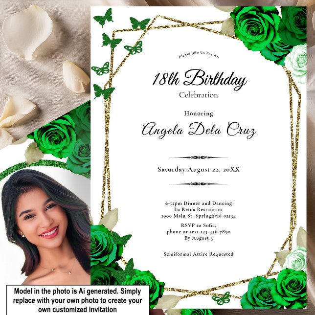 Invitation Début de 18 ans Rose Or et Vert Elégant  (Créateur téléchargé)