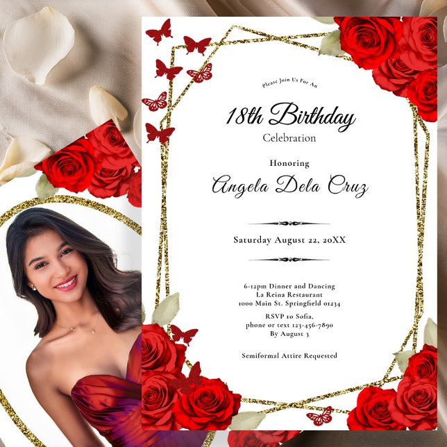 Invitation Début élégant de 18 ans avec des roses rouges et o (Créateur téléchargé)