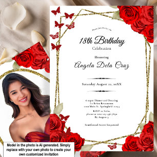 Invitation Début élégant de 18 ans avec des roses rouges et o