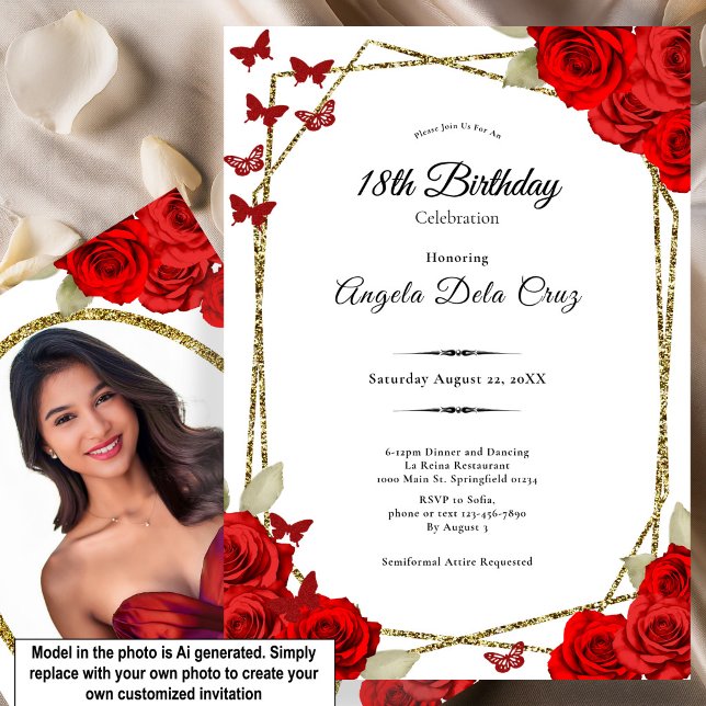 Invitation Début élégant de 18 ans avec des roses rouges et o (Créateur téléchargé)