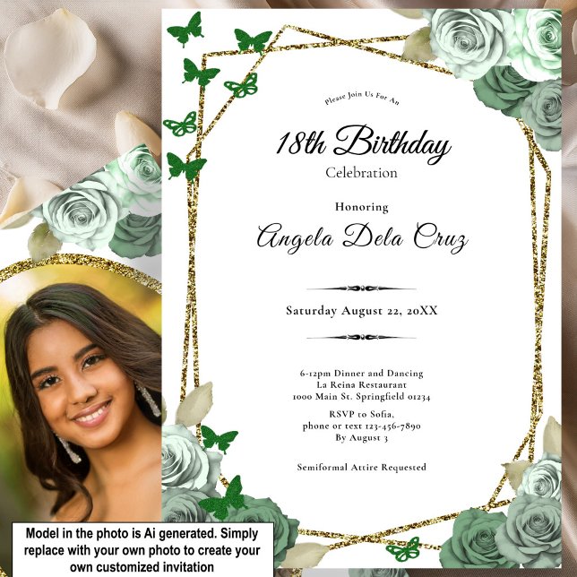 Invitation Début élégant de 18 ans avec rose verte et or (Créateur téléchargé)