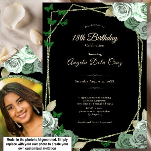 Invitation Début élégant de 18 ans avec rose verte sauge noir