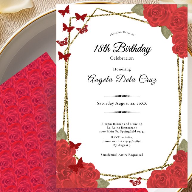 Invitation Début élégant de 18 ans avec roses rouges et or (Créateur téléchargé)