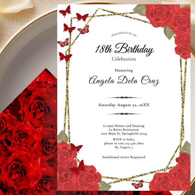 Invitation Début élégant de 18 ans avec roses rouges et or (Créateur téléchargé)