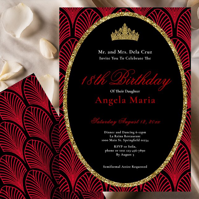 Invitation Début pour 18e anniversaire Art Déco rouge (Créateur téléchargé)