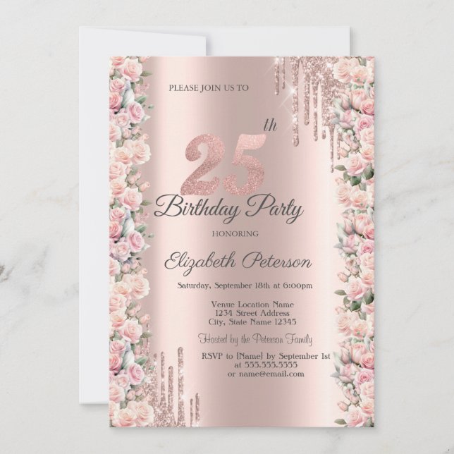 Invitation Déchets de cadres rose Rose Gold 25e anniversaire (Devant)
