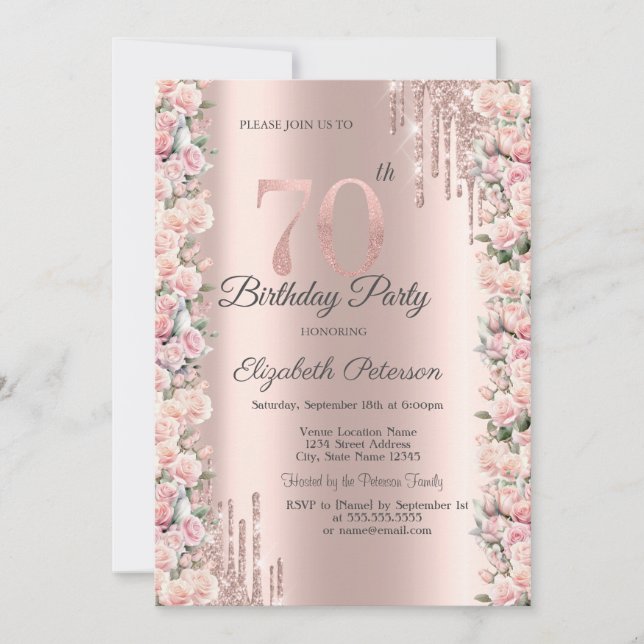 Invitation Déchets de cadres rose Rose Gold 70e anniversaire (Devant)