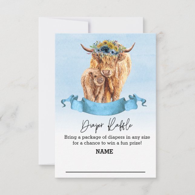 Invitation Déchets Raffle Blue boy Highland Cow Baby shower (Devant)
