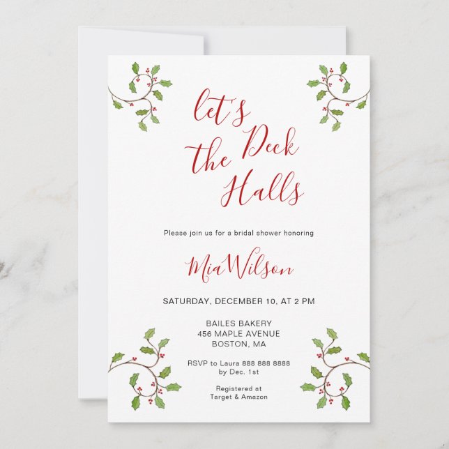 Invitation Deck the Halls Christmas Bridal douche (Devant)