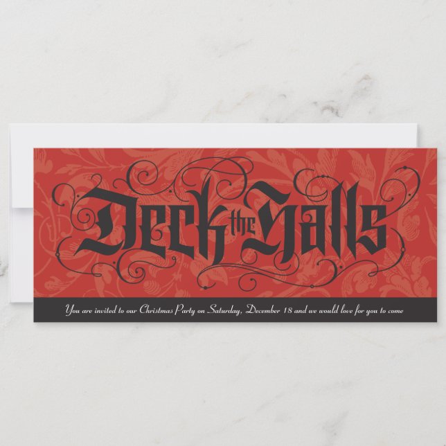 Invitation Deck the Halls Elegant Rouge Noir Noël (Devant)