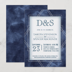Invitation Déco Art Déco Bleu Géométrique Mariage Monogramm