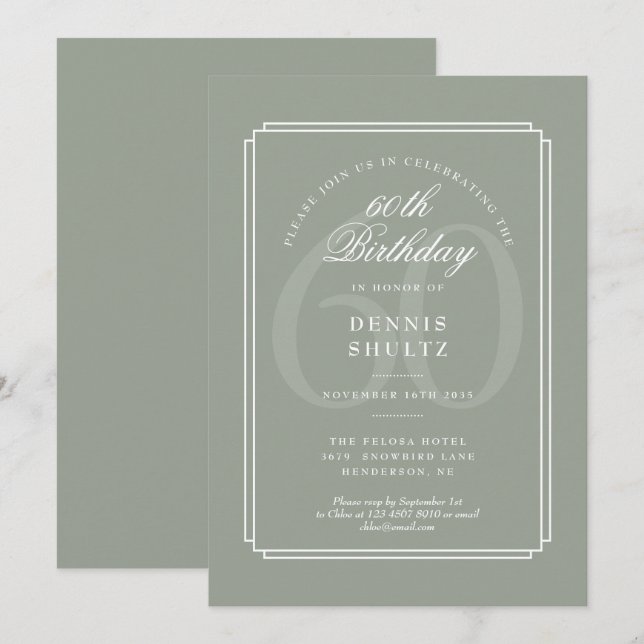 Invitation Déco Classique | 60e Anniversaire Sage et Blanc (Devant / Derrière)