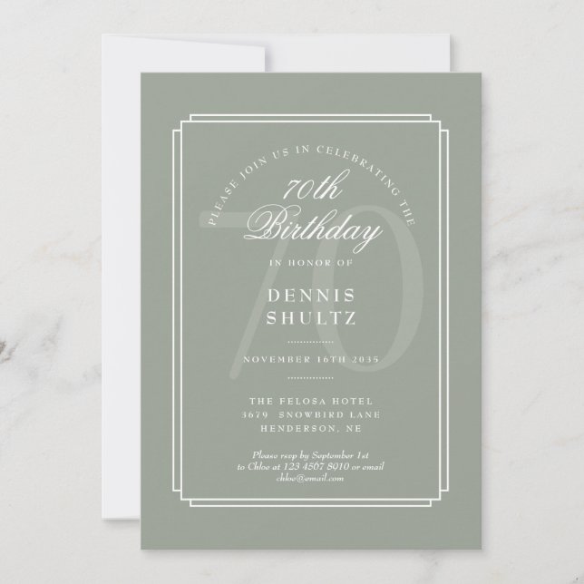 Invitation Déco Classique | 70e Anniversaire Vert Sauge et Bl (Devant)