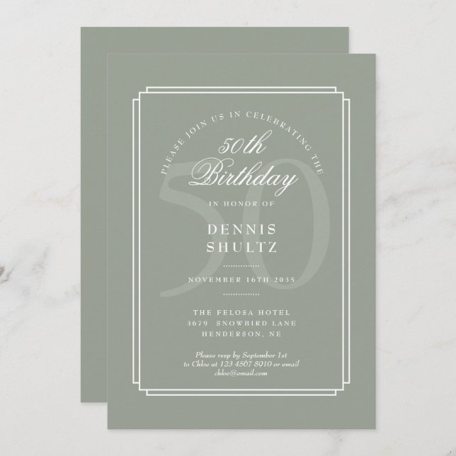 Invitation Déco classique| Sage and White 50th Birthday (Devant / Derrière)