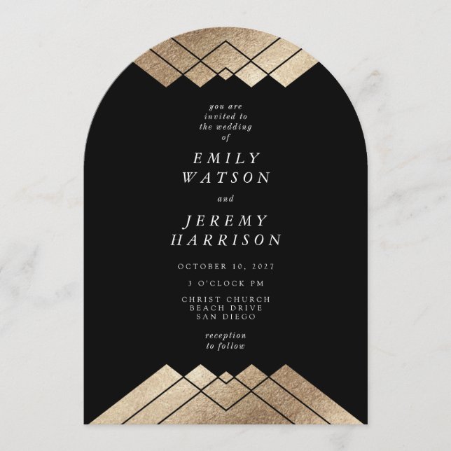 Invitation Déco géométrique Noir Gatsby Arch Mariage (Devant)