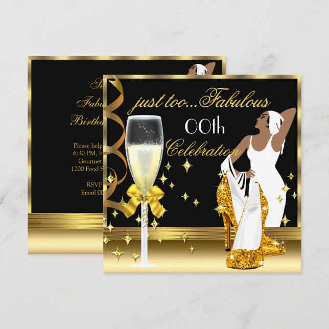Invitation Deco Lady Gold Black Anniversaire Trop Fabuleux (Devant / Derrière)