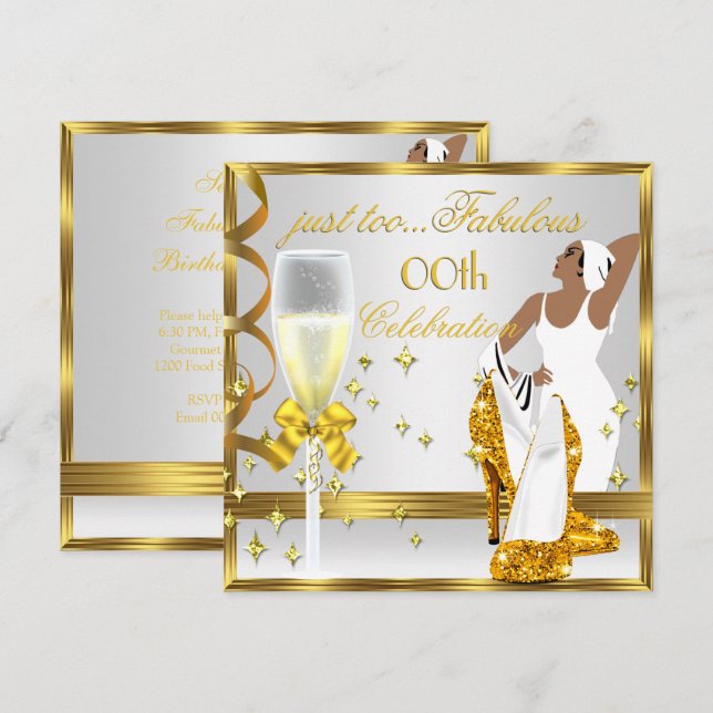 Invitation Deco Lady Or Blanc Trop Fabuleux Anniversaire (Devant / Derrière)