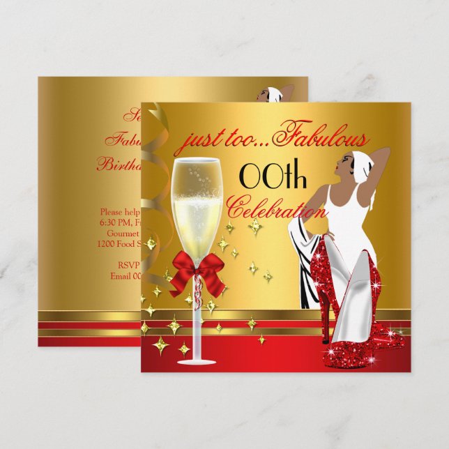 Invitation Deco Lady Rouge Or Trop Fabuleuse Fête d'Anniversa (Devant / Derrière)
