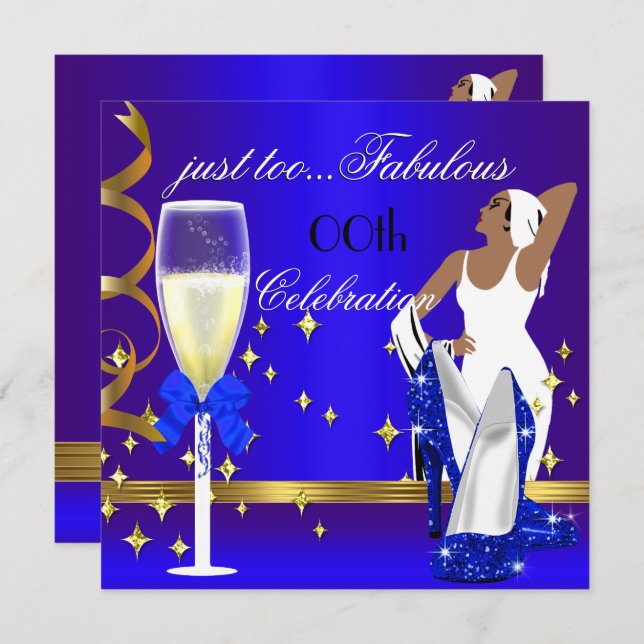 Invitation Déco Lady Royal Blue Gold Trop Fabuleux Anniversai (Devant / Derrière)