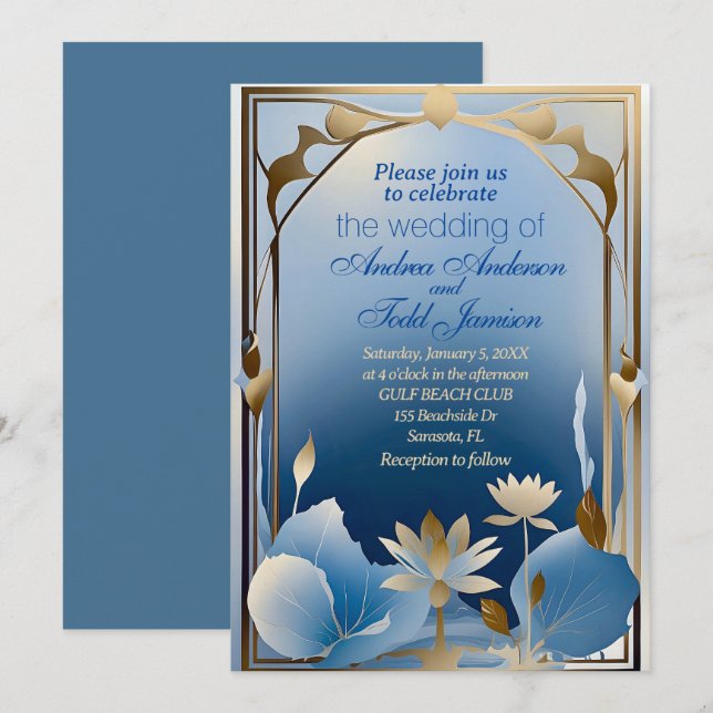 Invitation Déco minimalisme bleu lotus mariage (Devant / Derrière)