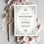 Invitation Déco moderne | Élégant Mariage noir et blanc<br><div class="desc">Ces invitations noires et blanches glamour présentent une touche moderne d'art déco classique. Un cadre géométrique noir orné et ornementé décorent un élégant arrière - plan blanc pour un look de mariage spectaculaire et vintage.</div>