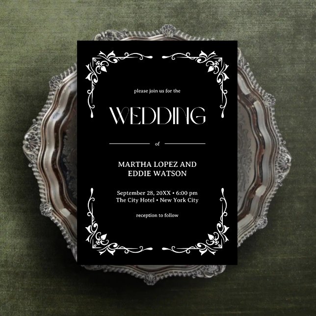 Invitation Déco Moderne | Élégant Mariage Noir et Blanc Onyx (Modern deco onyx black and white wedding invitation adds bold elegance to your wedding day.)