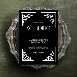 Invitation Déco Moderne Élégant Mariage Noir et Blanc Onyx