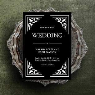 Invitation Déco Moderne Élégant Mariage Noir et Blanc Onyx