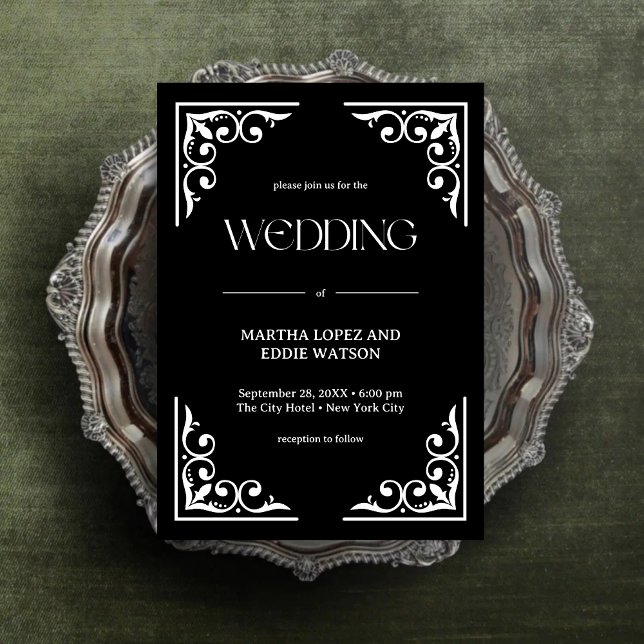 Invitation Déco moderne | Élégant Mariage noir et blanc Onyx (Modern deco onyx black and white wedding invitation adds sleek elegance to your big day.)