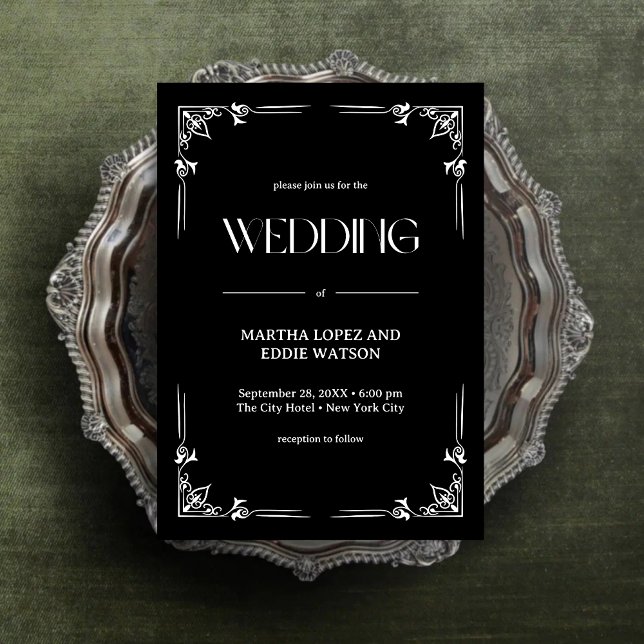 Invitation Déco Moderne | Élégant Mariage Noir et Blanc Onyx (Modern deco onyx black and white invitation brings timeless elegance to your wedding day.)