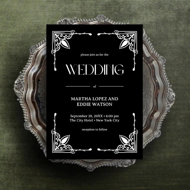 Invitation Déco Moderne | Élégant Mariage Noir et Blanc Onyx (Modern deco onyx black and white invitation adds timeless elegance to your unique wedding.)