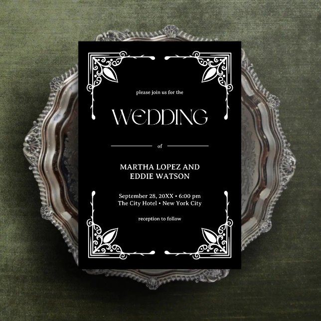 Invitation Déco Moderne | Élégant Mariage Noir et Blanc Onyx (Modern deco onyx black and white invitation brings sleek, timeless elegance to your wedding.)
