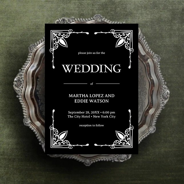 Invitation Déco Moderne | Élégant Mariage Noir et Blanc Onyx (Modern deco onyx black and white invitation sets a refined tone for your personalized wedding.)