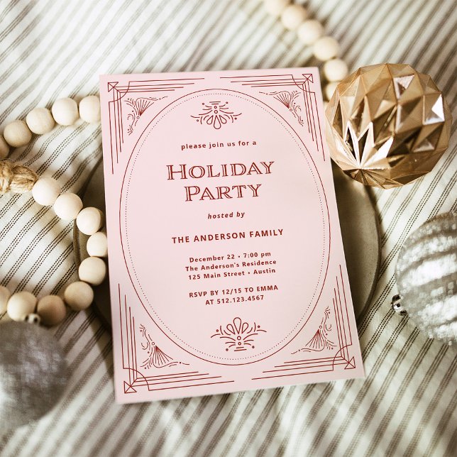 Invitation Déco moderne | Elegant Pink and Red Holiday Party (An elegant, blush pink and red art deco style holiday invitation)