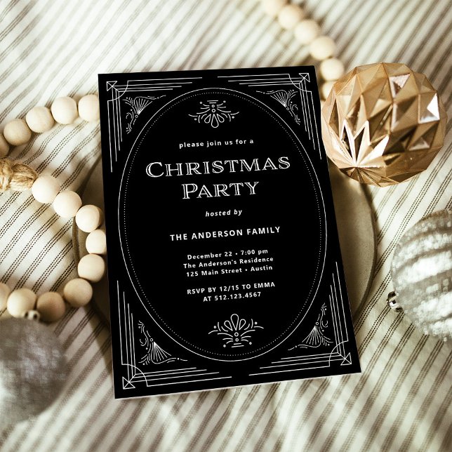 Invitation Déco moderne | Élégante fête de Noël noire (An elegant, black art deco style Christmas party invitation)