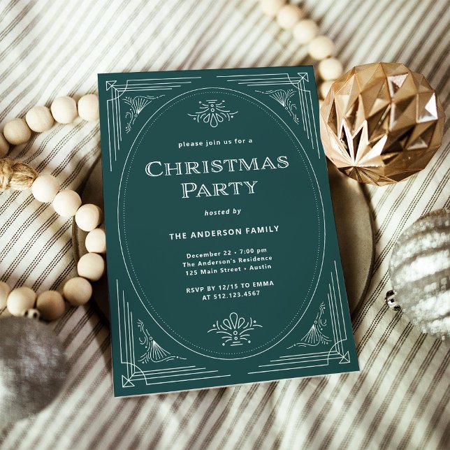 Invitation Déco moderne | Élégante fête de Noël verte (An elegant, green art deco style Christmas party invitation)